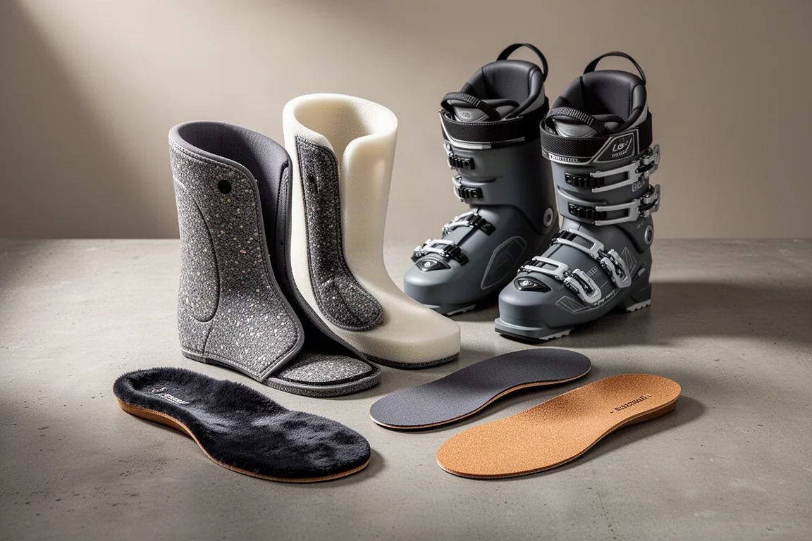 Two ski boot liners and two pairs of footbeds arranged with ski boot shells on concrete