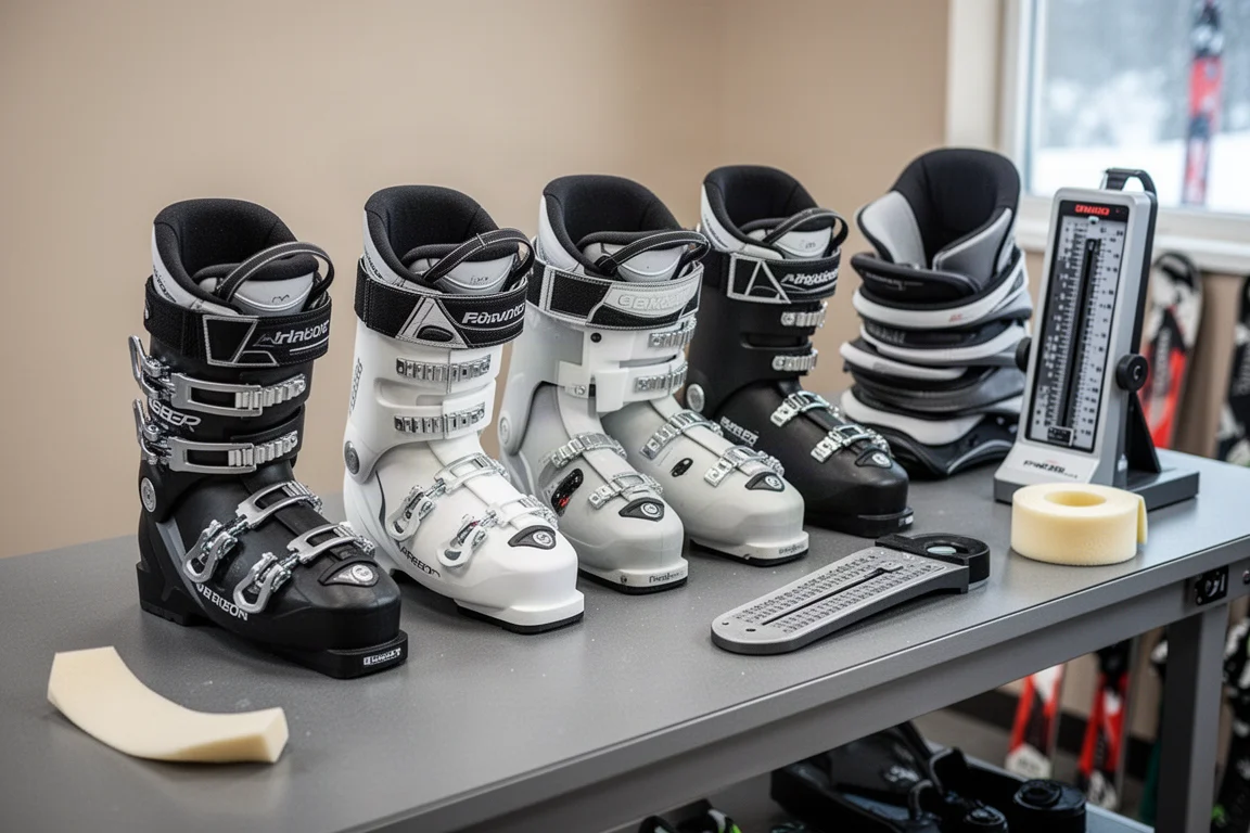 Skischoenenschalen en liners op een rij op de pastafel van een winkel