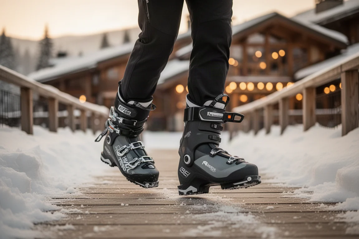 Persoon in walkmode die bij gouden uur een besneeuwd pad op het skigebied oversteekt