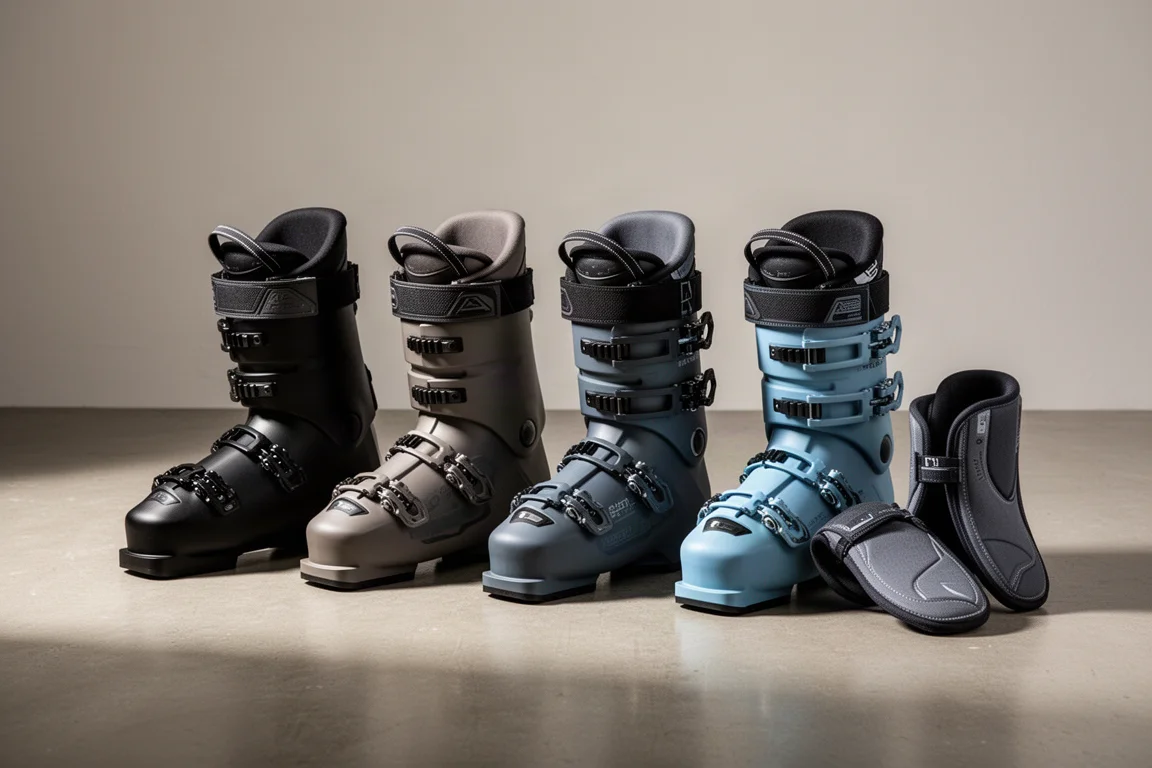 Five alpine ski boots arranged in a row on a concrete floor with two liners