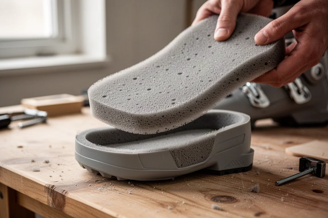 Tabla de suela de bota de esquí levantada de la carcasa sobre una mesa de taller