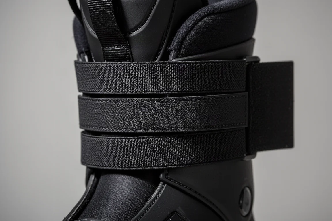 Correa elástica multicapa Booster Strap envuelta en el canelete de una bota de esquí