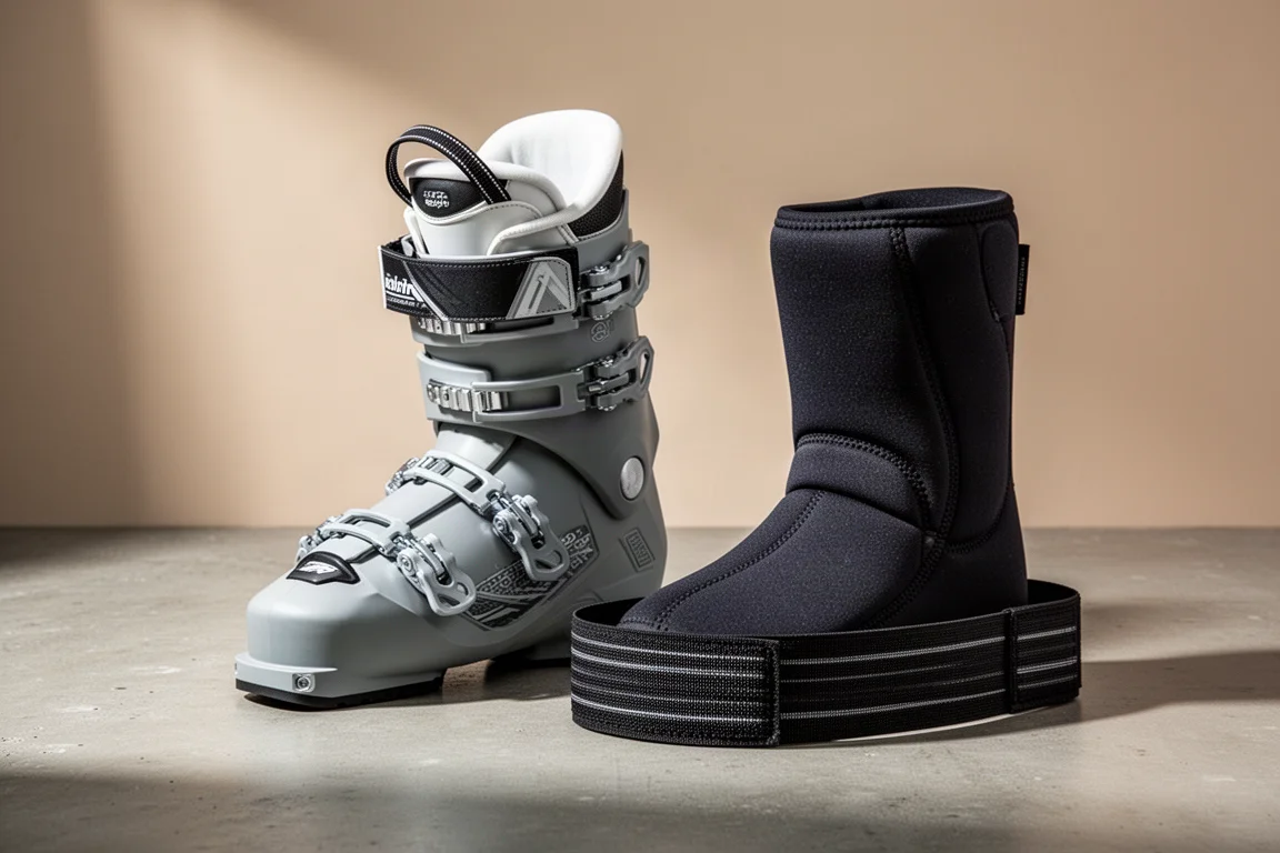 Ski boot, neoprene liner and elastic strap arranged on a concrete surface