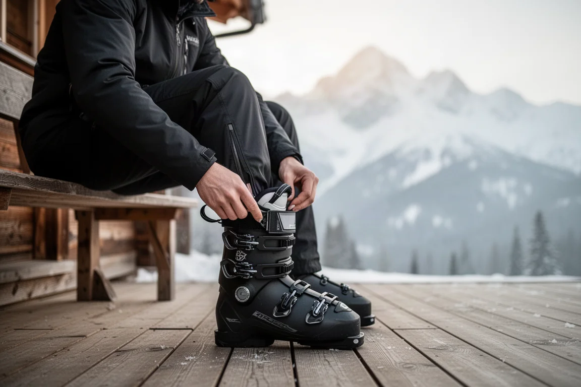 Narciarz zapina czarny alpejski but narciarski z czterema klamrami na zaśnieżonym tarasie