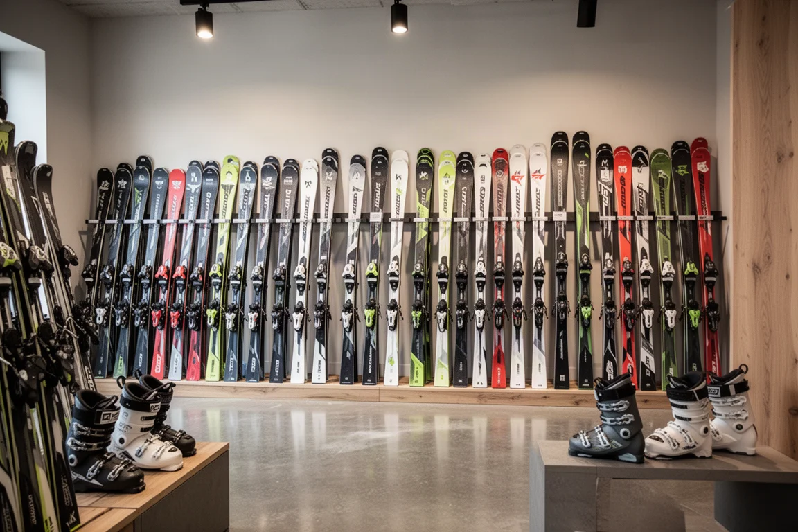 Filas de esquís alpinos apoyados en racks dentro de una tienda de esquí bien iluminada