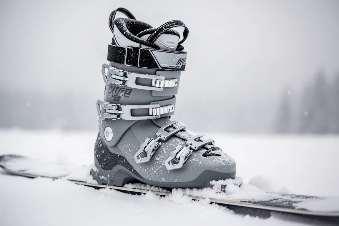 Primer plano de una bota de esquí alpino sobre nieve fresca junto al canto de un esquí