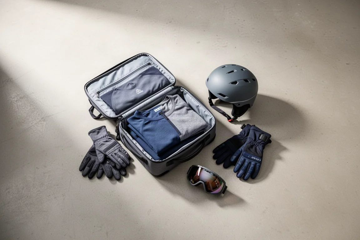 Vista cenital de una bolsa de viaje para esquís abierta con guantes, gafas y un casco