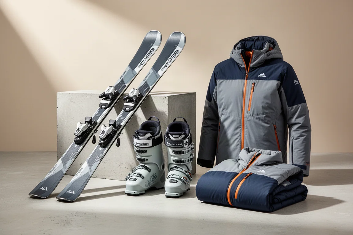 Alpine skis, ski boots, and a folded insulated snow jacket arranged on concrete