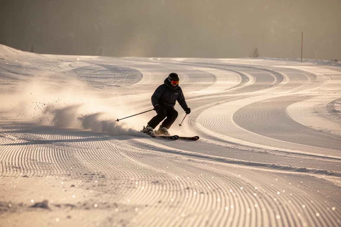 Skifahrer auf frisch präparierter Piste am Morgen, carving