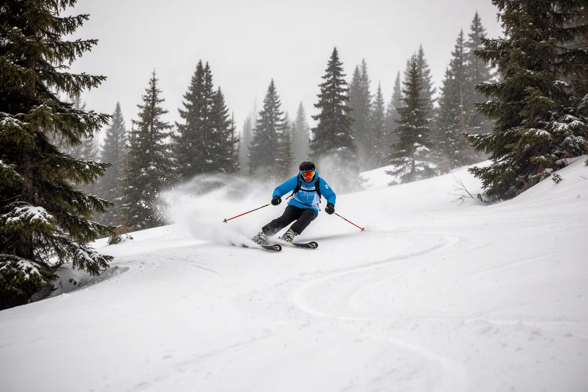 Skifahrer zieht enge Kurven mit kleinem Radius an einer schmalen Baumpiste