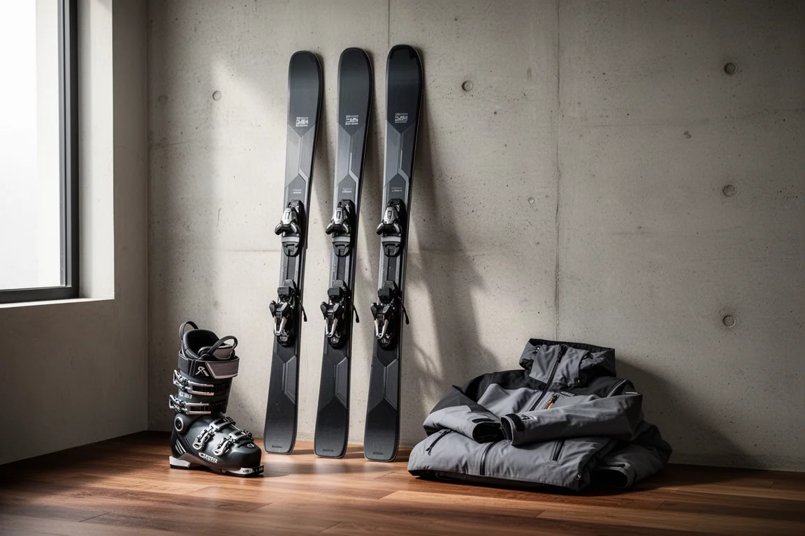 All-Mountain-Ski, Skischuh und Hardshelljacke in einer redaktionellen Stillleben-Anordnung