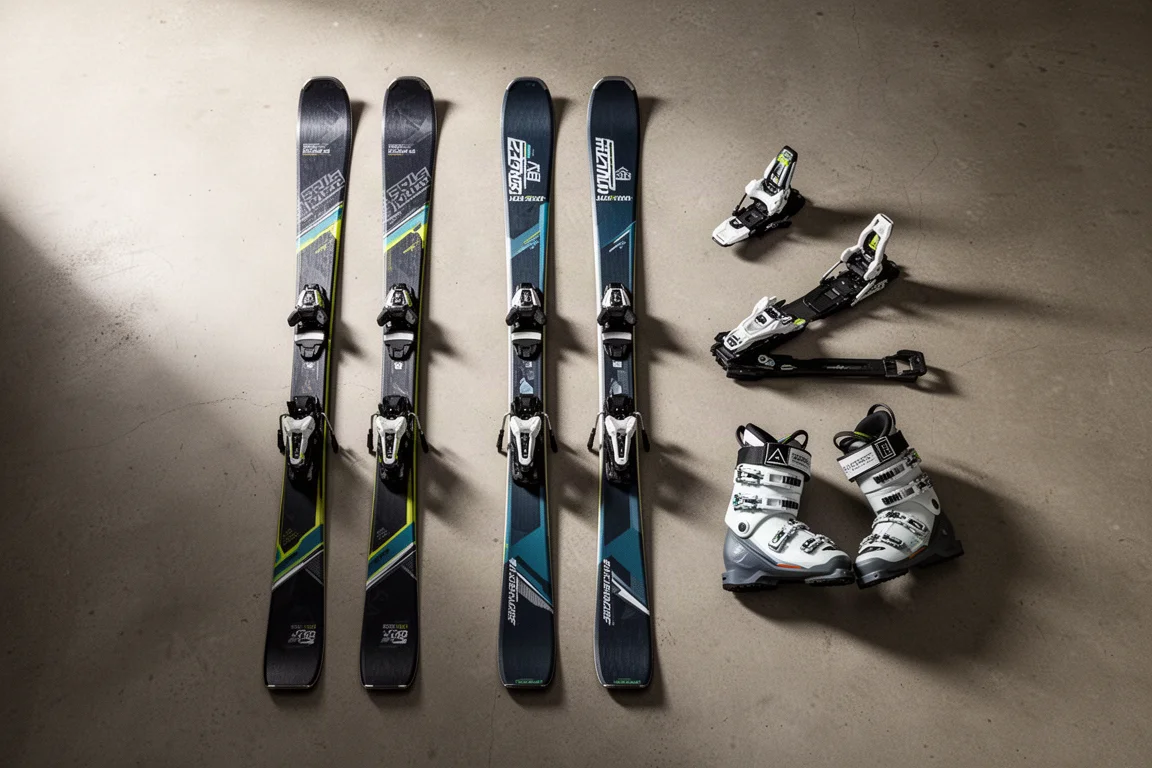 Ski gear laid out on a concrete floor in a workshop