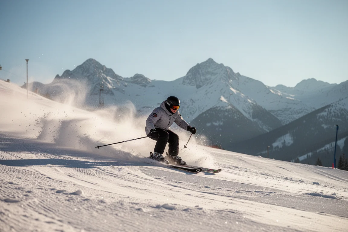 Skier carving a turn on a groomed slope with mountains behind