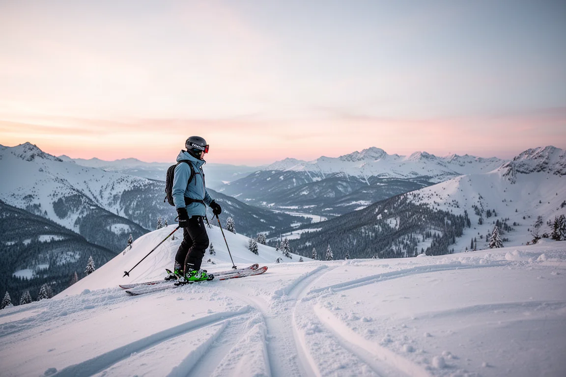 Freeride skier standing on a snowy ridge at sunrise