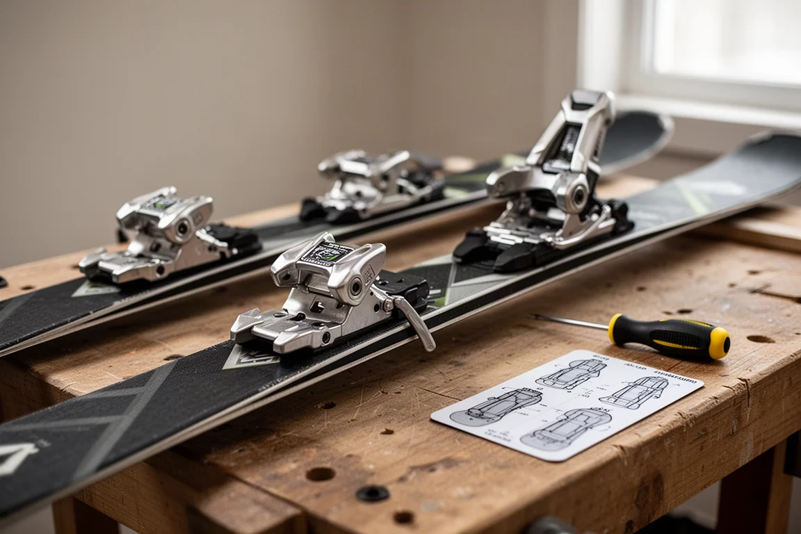 Ski bindings mounted on skis on a workbench