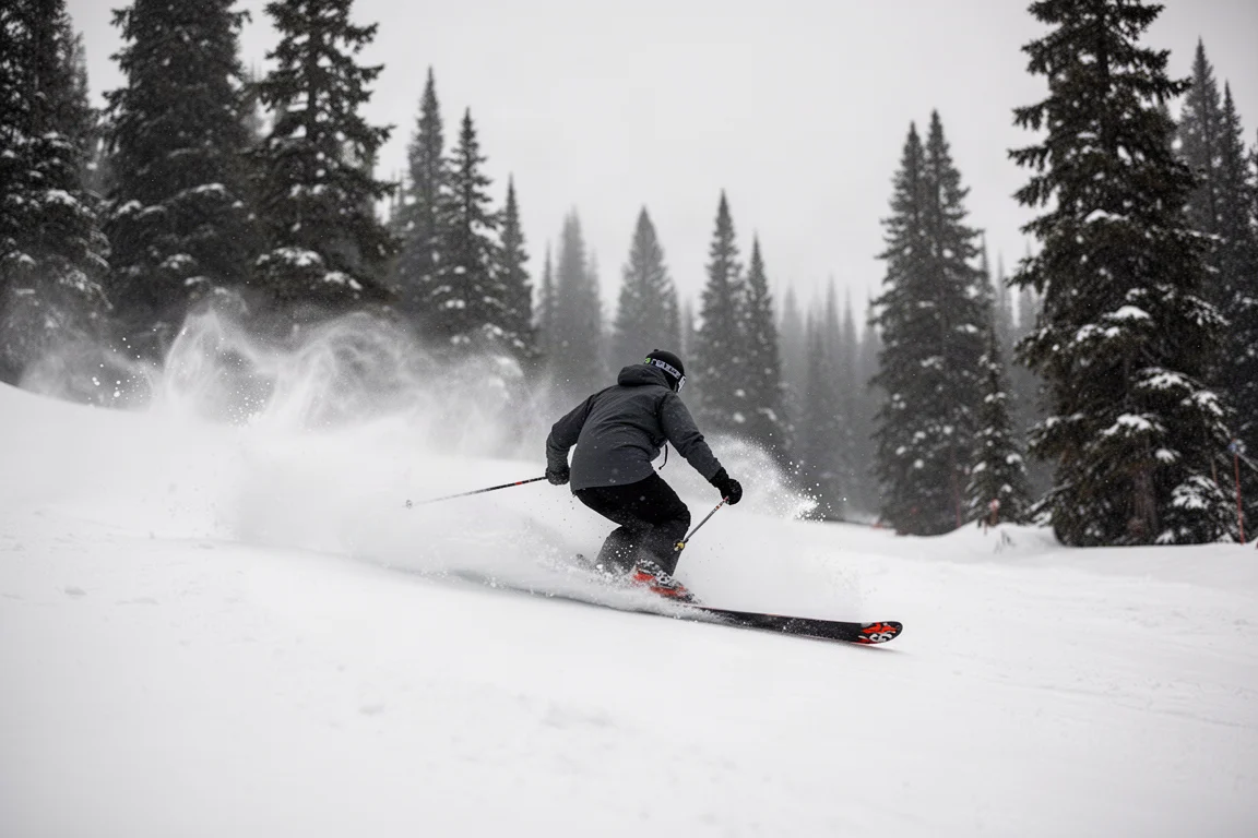 滑雪者在鬆軟雪地上劃出長弧,身後揚起雪粉