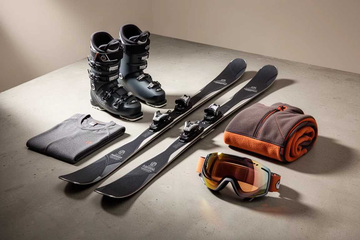 Skischoenen, ski's, baselayer, fleece en goggles gerangschikt op een betonnen ondergrond