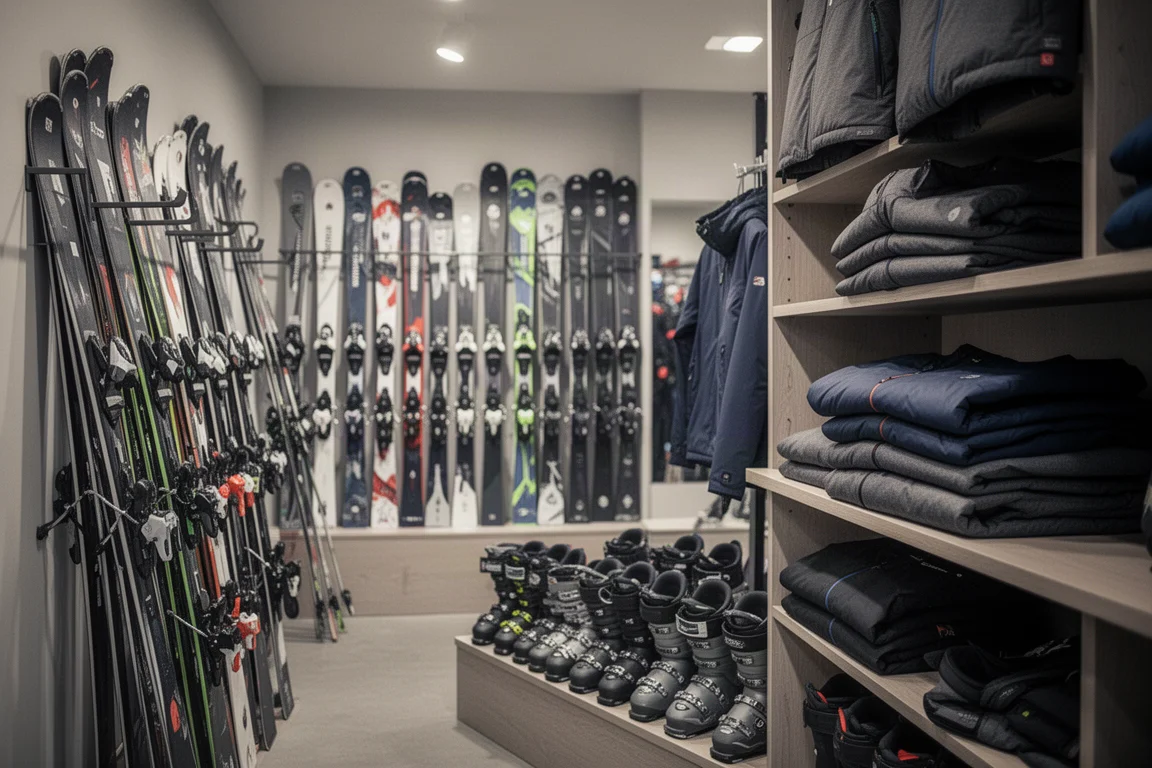 Racks of skis, boots, and folded jackets inside a snow sports shop