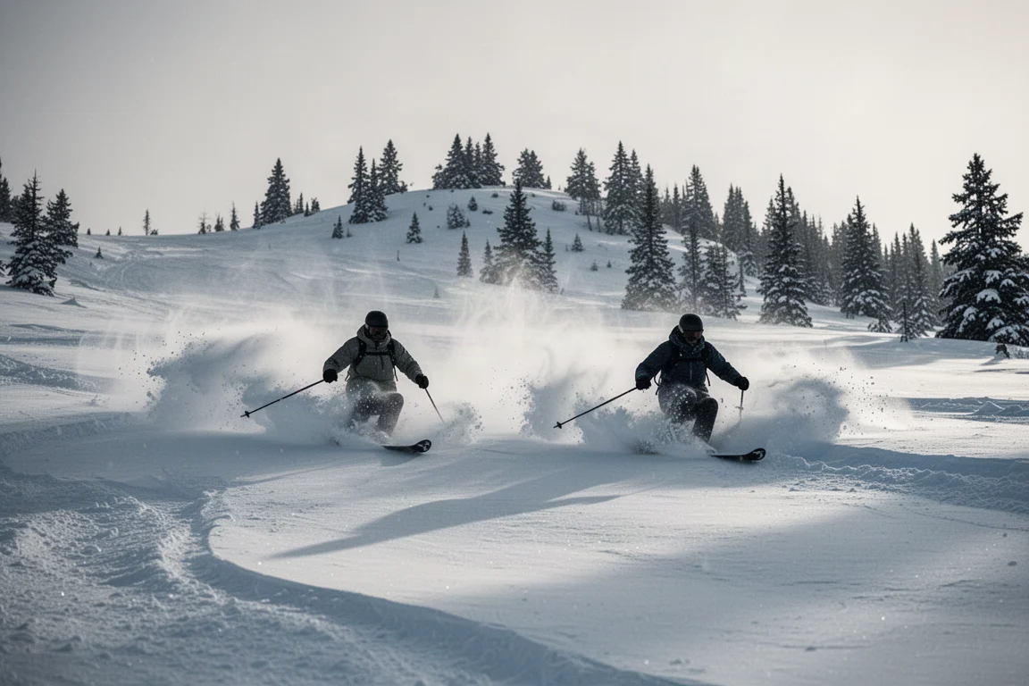 Two skiers making wide turns through deep powder on an alpine slope