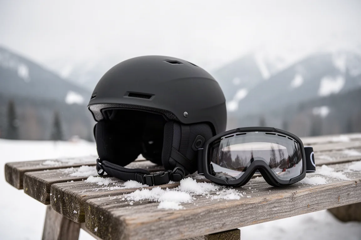 Snow-dusted helmet and goggles resting on a weathered wooden bench