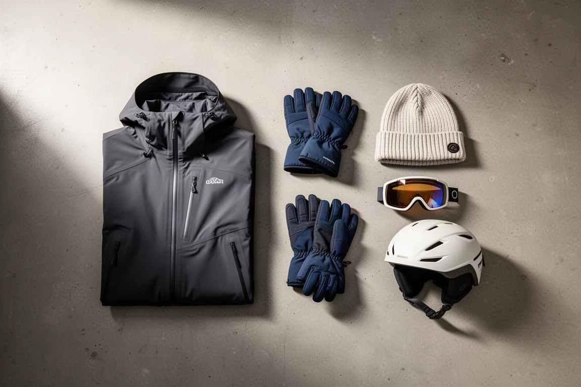 Overhead flat-lay of a shell jacket, gloves, beanie, goggles, and helmet