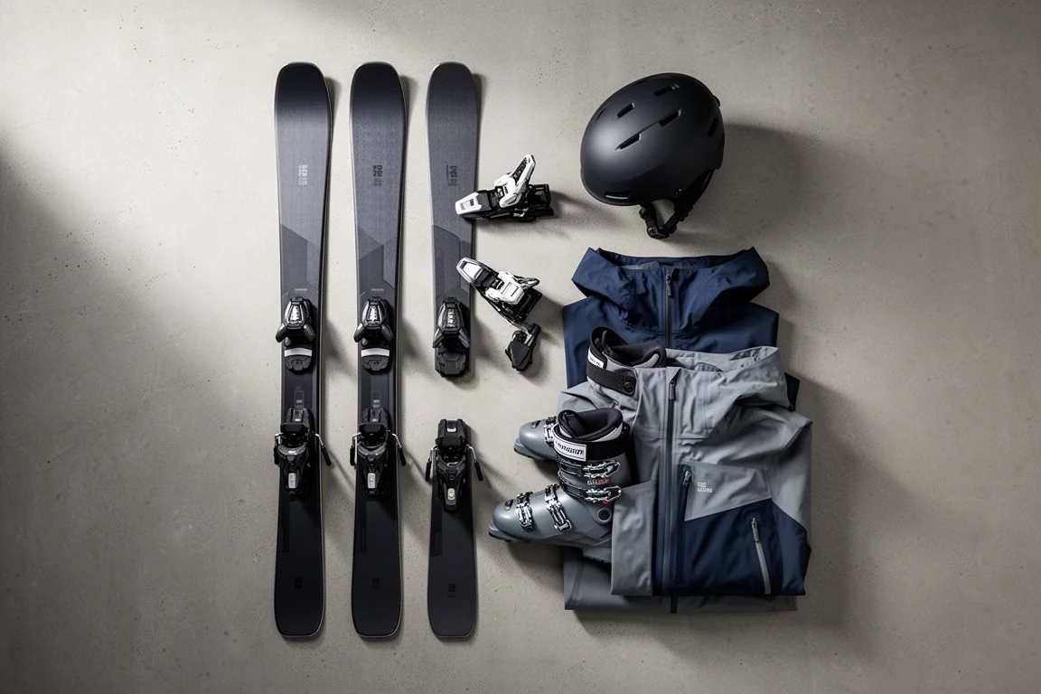 Overhead flat-lay of skis, bindings, boots, helmet, and jackets on concrete