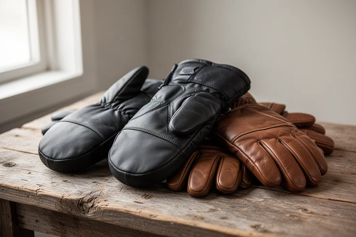 Ski mittens and gloves arranged on a wooden surface