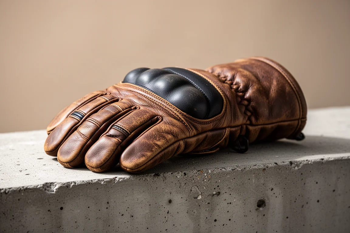 Close-up of a leather ski mitten with knuckle protection
