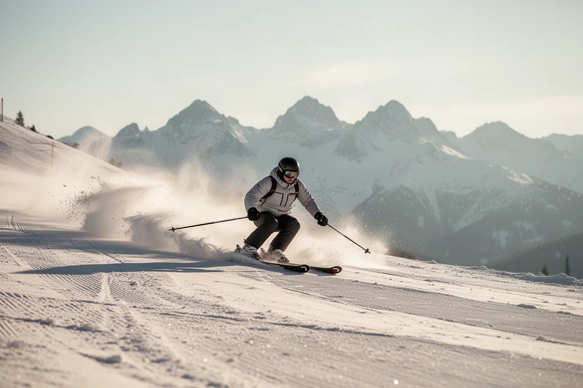 Skier carving on a groomed slope with mountains in background