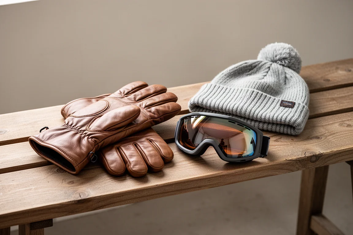 Ski gear including mittens and goggles on a bench