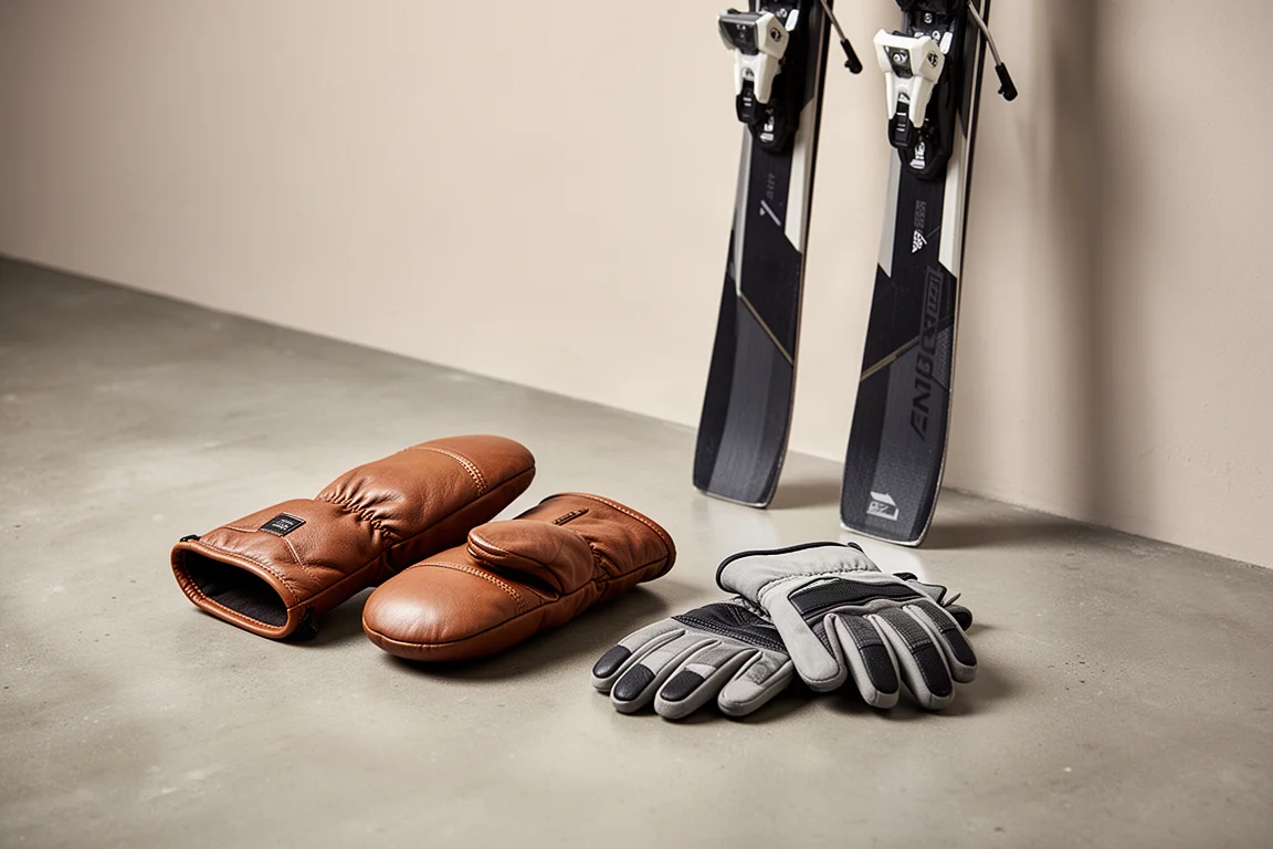 Ski mittens, gloves, and skis arranged on a concrete surface