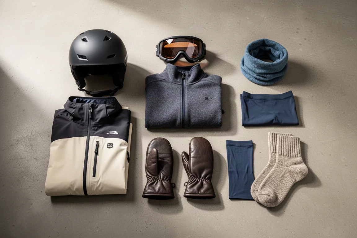 Draufsicht auf ein komplettes Ski-Kit, flach auf einem Betonboden arrangiert