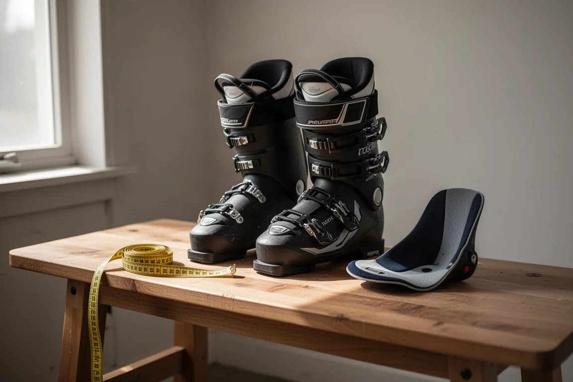 Alpine Skiboots auf einer hölzernen Boot-Fitting-Bank mit einem Maßband