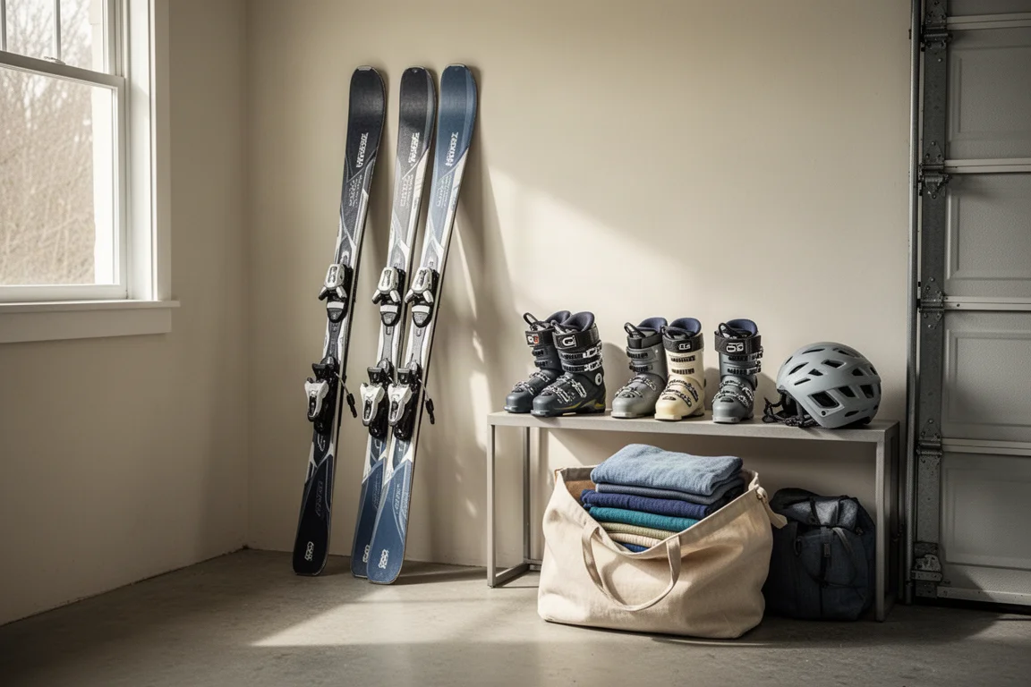 In der Nebensaison gelagerte Skiausrüstung im Regal, Skier lehnen an einer Wand