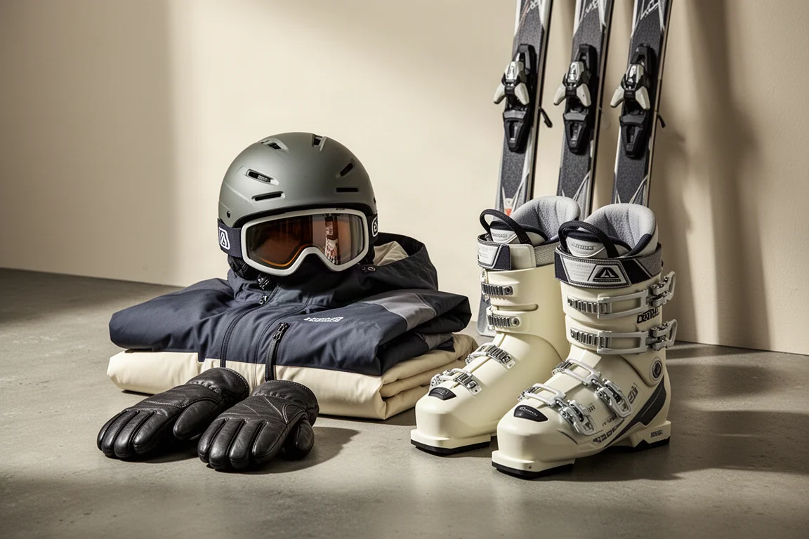 Complete ski kit with helmet, goggles, jacket, mittens, boots and skis on concrete