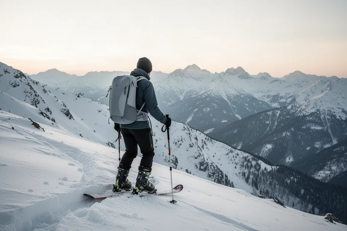 Skifahrer mit leichtem Alpinrucksack beim Bootpacking über einen verschneiten Bergrücken