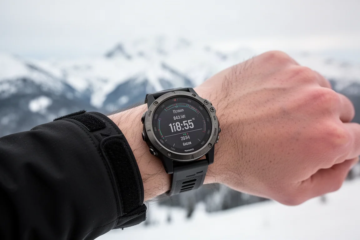 Handgelenk mit robuster GPS-Uhr vor verschneiter Bergkulisse