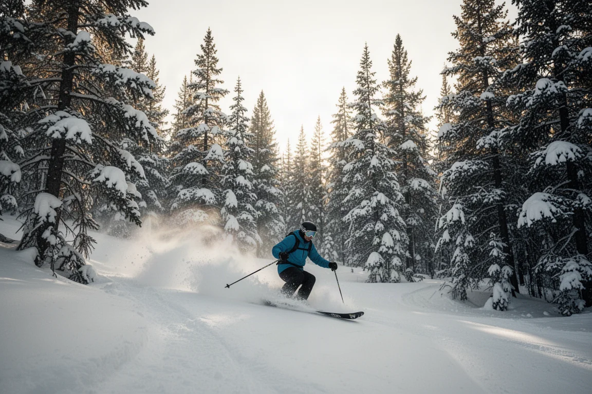 Skifahrer fährt durch Wald bei flachem, wechselndem Licht