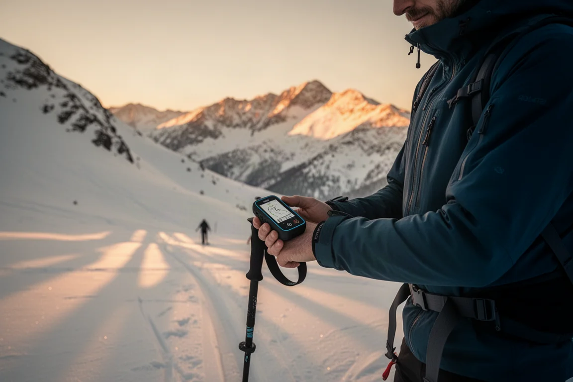 Skitourengeher prüft eine Routenkarte im weichen Abendlicht der Alpen