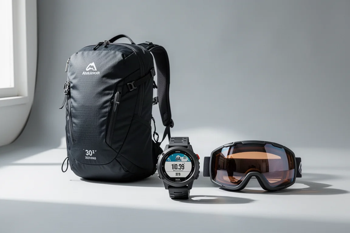Avalanche airbag backpack, GPS watch, and ski goggles arranged on a grey backdrop