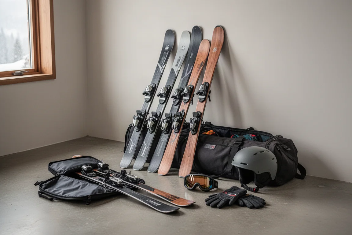 Ski quiver of several skis leaning against a wall with helmet, goggles and gloves nearby