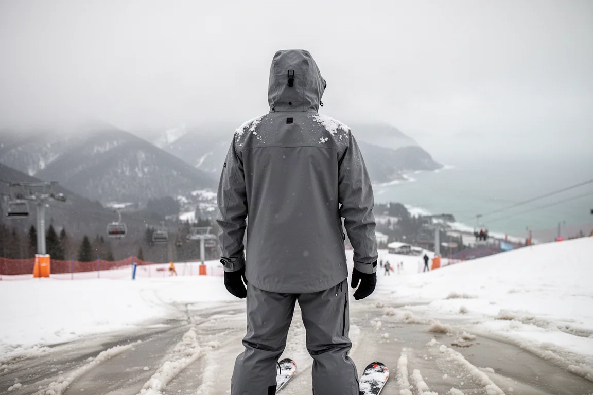 Skier in grey shell jacket and pants standing on a wet slushy slope with misty mountains behind