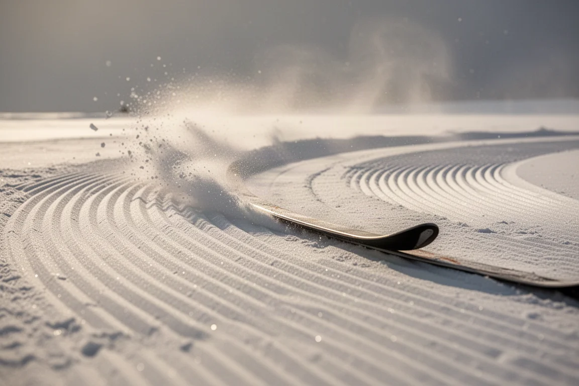 Ski edges carving an arc through groomed corduroy snow with fine spray behind