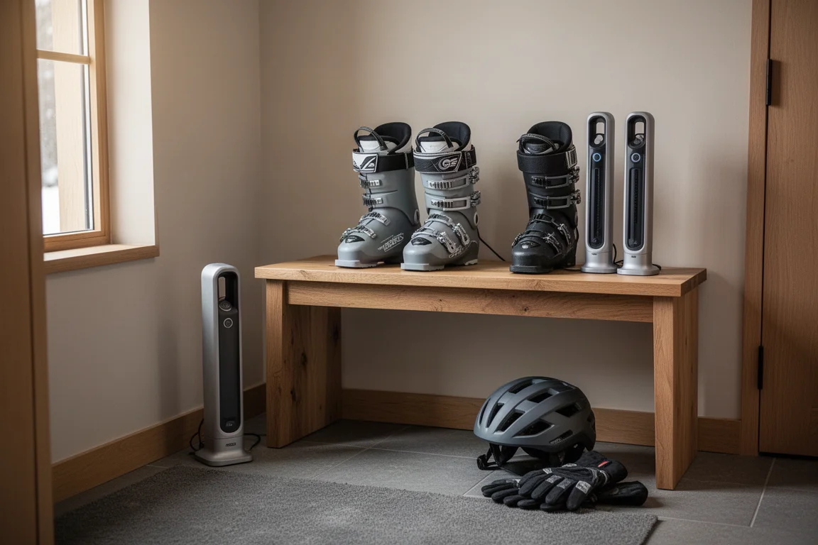 Ski boots on a wooden bench with portable dryers and gloves in a small entryway