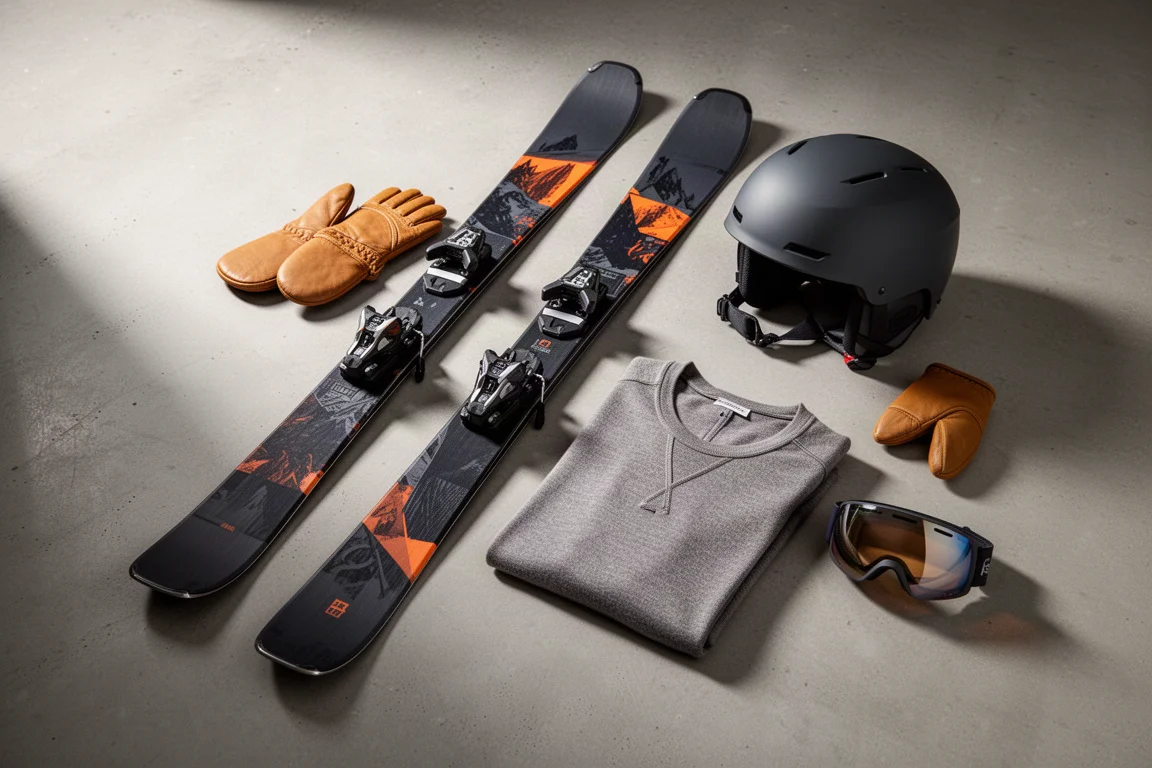 Flat-lay of skis, leather mittens, helmet, merino base layer and goggles on concrete