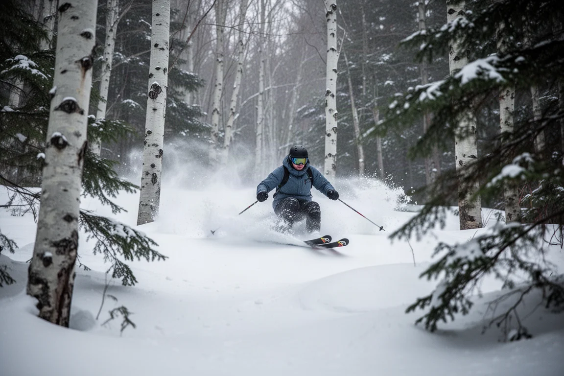 Esquiador serpentando por um campo de moguls em uma floresta com neve espirrando da borda do esqui
