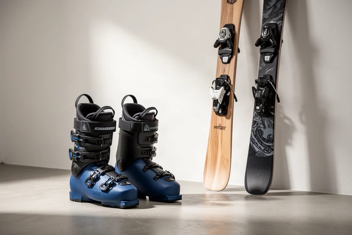 Alpine ski boots and two pairs of all-mountain skis arranged on a pale concrete floor