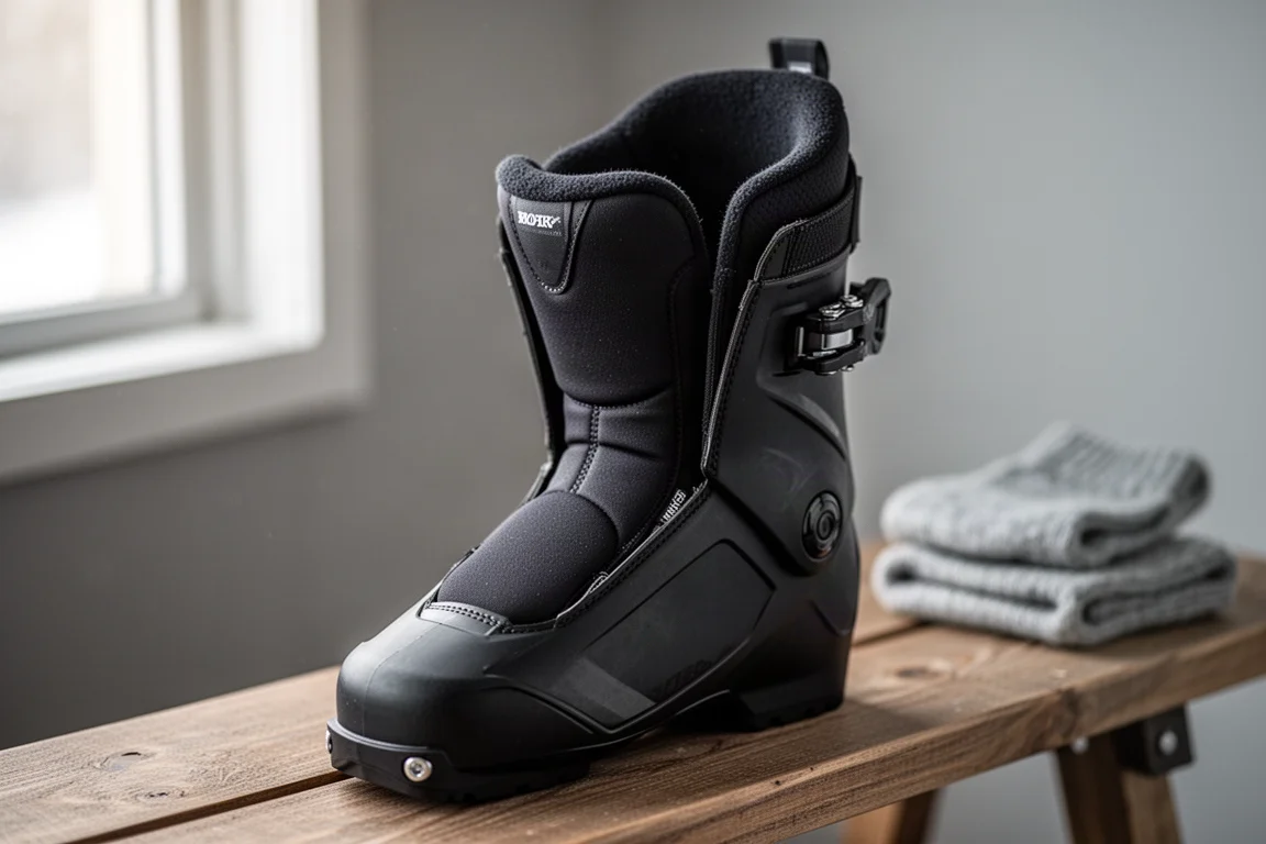 Gros plan d'une coque de chaussure de ski avec une chaussette aftermarket installée à l'intérieur