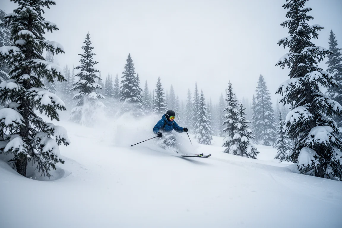 Skieur flottant dans la poudreuse entre les arbres en lumière douce