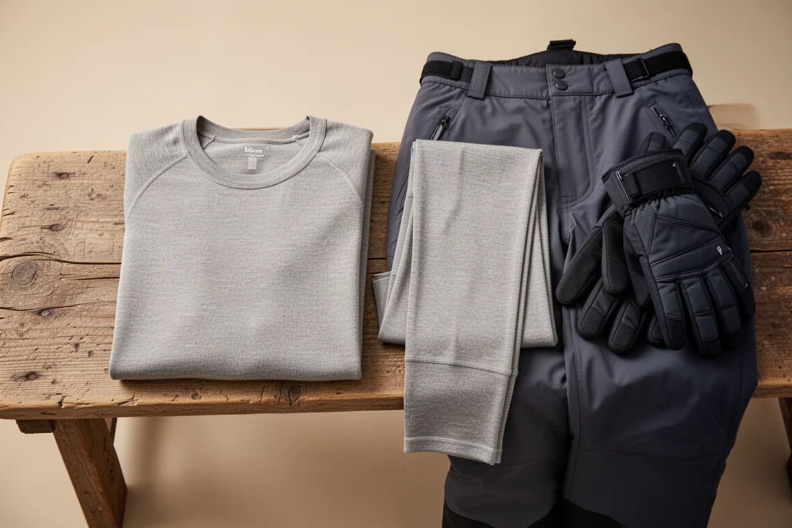 Sous-couche en laine mérinos pliée à côté d'un pantalon de ski sur un banc